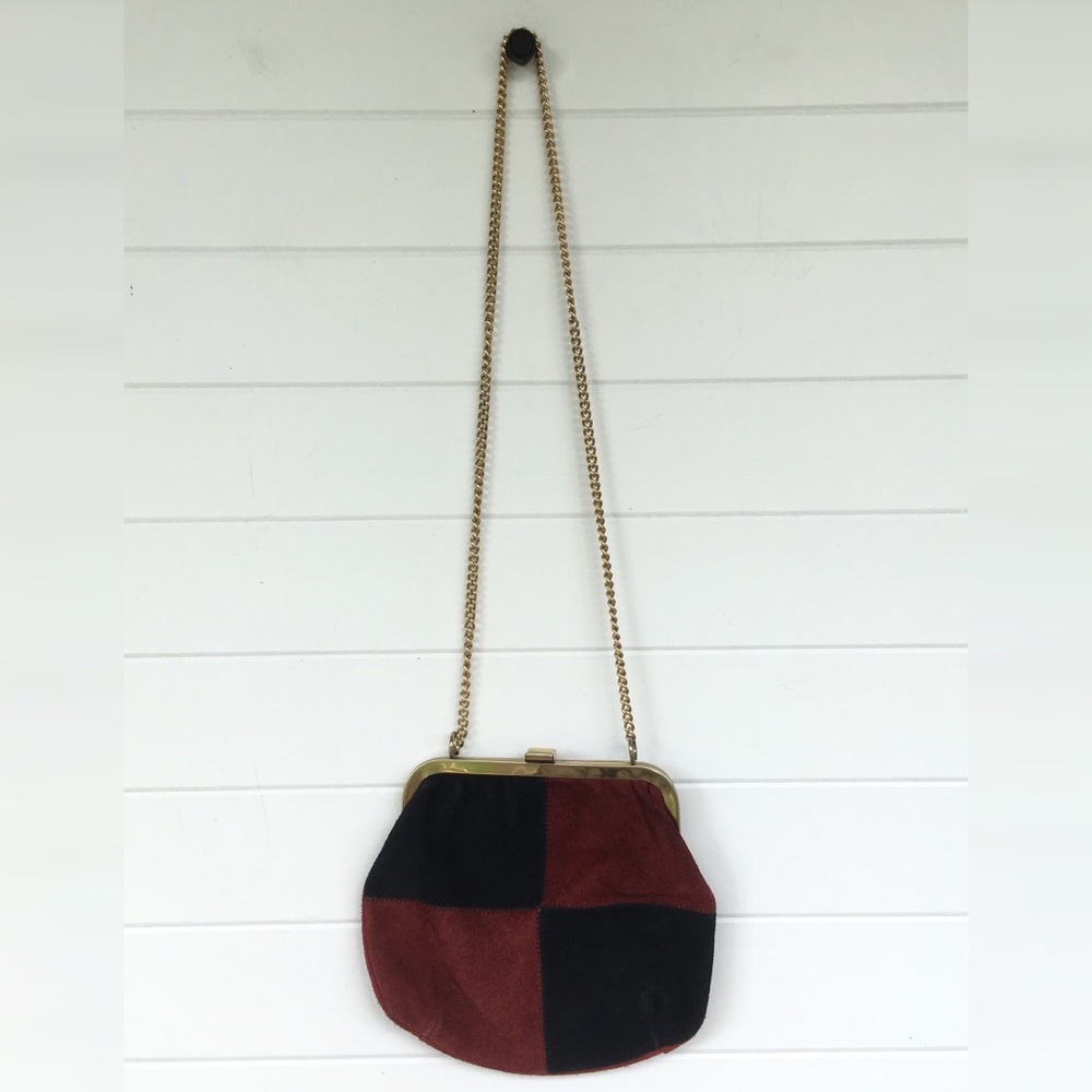 Vintage Genuine Suede Mod Checker 60’s Maroon Block Purse Mid-Century Clasp Bag